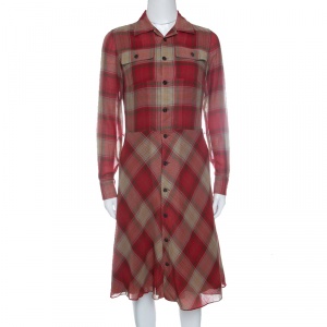Pre Owned Ralph Lauren Red Cotton Plaid Long Sleeve Shirt Dress S