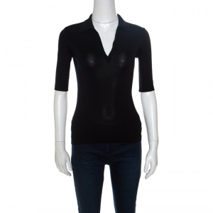 Pre Owned Ralph Lauren Black Stretch Rib Knit Logo Embroidered Fitted Polo Shirt XS