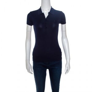 Pre Owned Ralph Lauren Navy Blue Stretch Rib Knit Logo Embroidered Fitted Polo Shirt XS