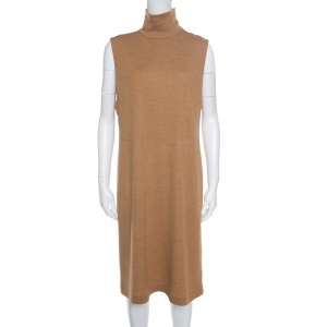 Pre Owned Ralph Lauren Tan Brown Wool Jersey Leather Trim High Neck Shift Dress XL