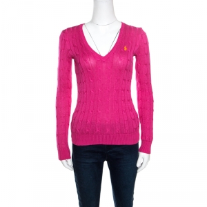 Pre Owned Ralph Lauren Pink Cable Knit V Neck Pullover XS