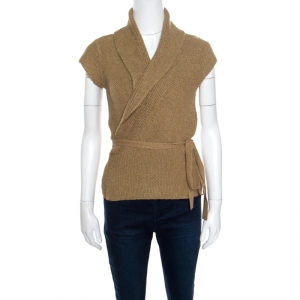 Pre Owned Ralph Lauren Sand Brown Hand Knit Cap Sleeve Wrap Cardigan M