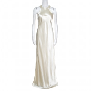 Pre Owned Ralph Lauren Off White Silk Satin Cutout Back Detail Sleeveless Gown M