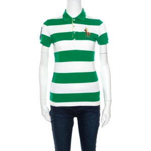 Pre Owned Ralph Lauren Green and White Striped Honeycomb Knit Logo Embroidered Polo T-Shirt S