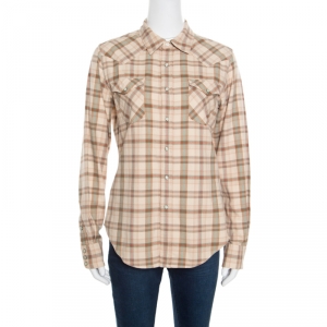 Pre Owned Ralph Lauren Beige Checked Cotton Knit Long Sleeve Slim Fit Shirt L