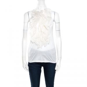 Pre Owned Ralph Lauren Off White Cotton Ruffled Front Silk Detail Sleeveless Blouse S