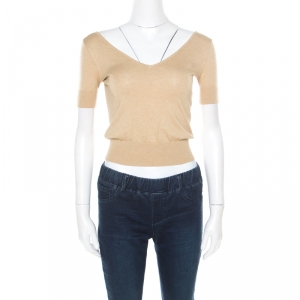 Pre Owned Ralph Lauren Beige Cotton and Cashmere Blend V Neck Cropped Sweater XS