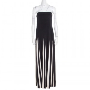 Pre Owned Ralph Lauren Collection Monochrome Striped Silk Pleated Strapless Dress M