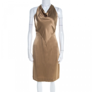 Pre Owned Ralph Lauren Gold Satin Draped Cowl Neck Halter Mini Dress M
