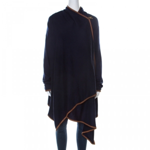 Pre Owned Ralph Lauren Navy Blue Cashmere Blend Leather Trim Wrap Cardigan XL
