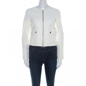 Ralph Lauren White Leather Ruched Waist Cropped Jacket S
