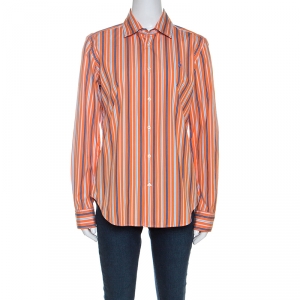 Pre Owned Ralph Lauren Orange Striped Cotton Slim Fit Nadine Shirt L