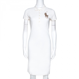 Pre Owned Ralph Lauren Off White Cotton Sequined Logo Polo Dress S