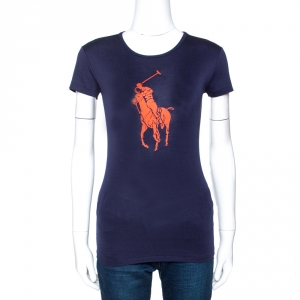 Pre Owned Ralph Lauren Navy Blue Logo Print Cotton Fitted T-Shirt S