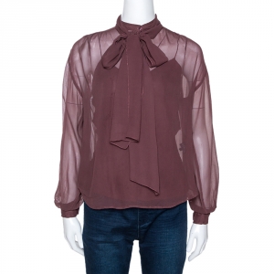 Pre Owned Ralph Lauren Plum Brown Silk Chiffon Tie Detail Blouse S 
