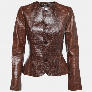 Ralph Lauren Brown Embossed Leather Round-neck Jacket M