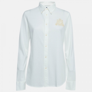 Pre Owned Ralph Lauren White Logo Embroidered Cotton Knit Shirt L