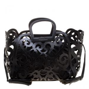 Pre Owned Ralph Lauren Black Leather Vachetta Scroll Tote