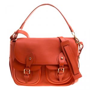 Pre Owned Ralph Lauren Red Orange Leather Hunting Messenger Bag