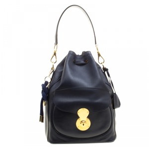 Pre Owned Ralph Lauren Navy Blue Leather Ricky Drawstring Bucket Bag 