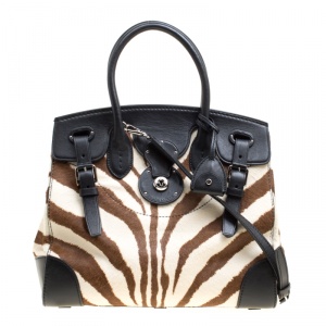 Pre Owned Ralph Lauren Black Zebra Print Pony Hair and Leather Ricky Tote