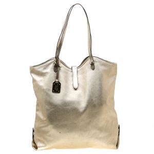 Pre Owned Lauren Ralph Lauren Metallic Silver Leather Shopper Tote
