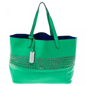 Pre Owned Ralph Lauren Green Perforated Leather Leighton Shopper Tote