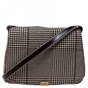 Pre Owned Lauren Ralph Lauren Beige/Brown Canvas and Leather Houndstooth Messenger Bag