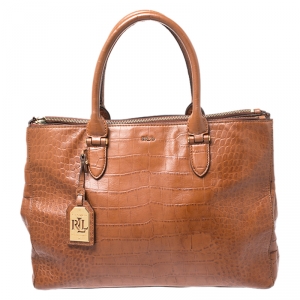 Pre Owned Lauren Ralph Lauren Brown Croc Embossed Leather Double Zip Tote