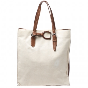 Pre Owned Ralph Lauren Cream/Tan Canvas and Leather  Shopper Tote