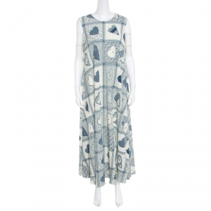 Red Valentino Beige and Blue Heart Printed Stretch Crepe Sleeveless Maxi Dress L