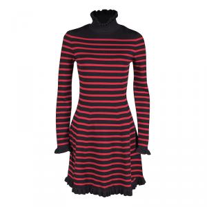Pre Owned RED Valentino Black And Red Striped Knit Ruffle Trim Detail Long Sleeve Dress S