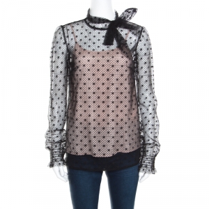 Red Valentino Black Swiss Dotted Tulle Neck Tie Detail Long Sleeve Blouse S
