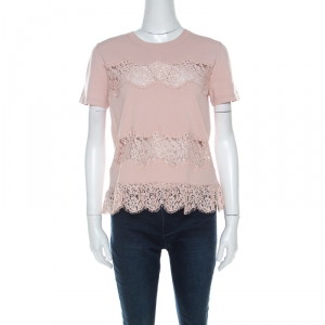 RED Valentino Blush Pink Knit Sheer Lace Paneled Crew Neck Top M