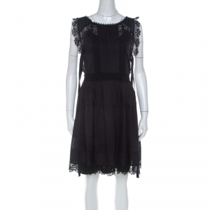 RED Valentino Black Cotton Pintucked Lace Trim Dress M