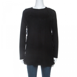 RED Valentino Black Wool Ruffle Trim Detail Long Sleeve Top M