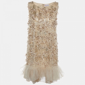 RED Valentino Light Gold Embellished Tulle Sleeveless Mini Dress M
