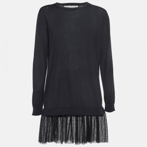 Pre Owned RED Valentino Black Mesh Trim Knit Long Sleeve Mini Dress L