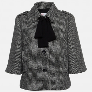 RED Valentino Monochrome Herringbone Wool Neck Tie Short Coat  L