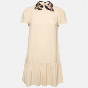 Pre Owned RED Valentino Beige Embroidered Peter Pan Collar Sateen Flounce Mini Dress S