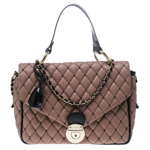 Red Valentino Peach Pink/Black Quilted Faux Leather and Lace Top Handle Shoulder Bag