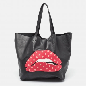 RED Valentino Black Leather Lips Shopper Tote