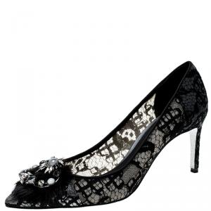 Rene Caovilla Dark Grey Lace and Mink Crystal Embellished Pointed Toe Pumps Size 37