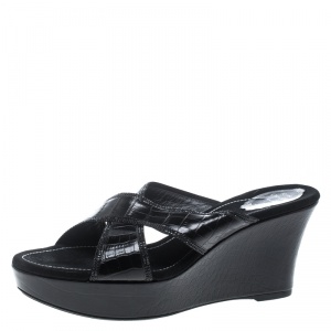 René Caovilla Black Leather Crystal Embellished Wedge Slides Size 42