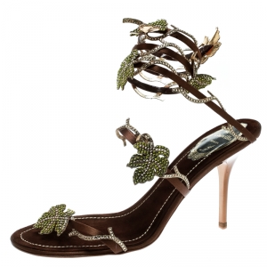 René Caovilla Brown Satin Crystal Embellished Vine Ankle Wrap Open Toe Sandals Size 38.5