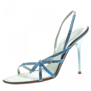 Rene Caovilla Blue Crystal Embellished Satin Open Toe Slingback Sandals Size 38