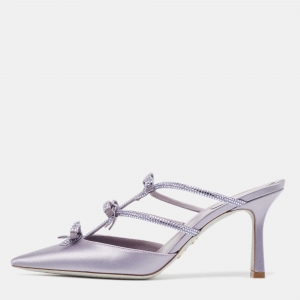 René Caovilla Purple Satin Bow Detail Crystal Embellished Strass Mules Size 38