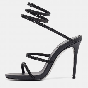 René Caovilla Black Crystal Embellished Satin Cleo Ankle Wrap Sandals Size 36