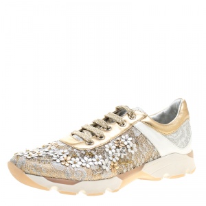 Rene Caovilla Beige/White Lace Flower Embellished Lace Up Sneakers Size 38