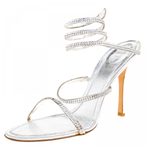 René Caovilla Metallic Silver Crystal Embellished Ankle Wrap Sandals Size 41